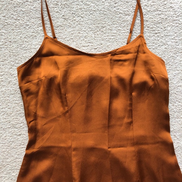 Abercrombie & Fitch Copper Brown Havana Gold Satin Slip MIDI Dress Slit Scoop S - Picture 3 of 8